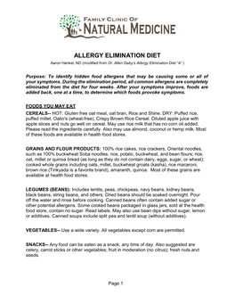 ALLERGY ELIMINATION DIET Aaron Henkel, ND (Modified from Dr