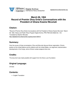 March 08, 1964 Record of Premier Zhou Enlai's Conversations with the President of Ghana Kwame Nkrumah