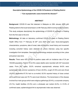 Descriptive Epidemiology of the COVID-19 Pandemic in Petaling District