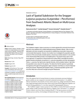 Lack of Spatial Subdivision for the Snapper Lutjanus Purpureus (Lutjanidae – Perciformes) from Southwest Atlantic Based on Multi-Locus Analyses