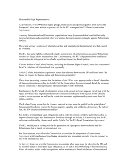 Letter to HR VP Mogherini RE Suspension EU Israel Association