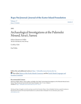 Archaeological Investigations at the Pulemelei Mound, Savai'i, Samoa Helene Martinsson-Wallin the Kon-Tiki Museum, Oslo, Norway