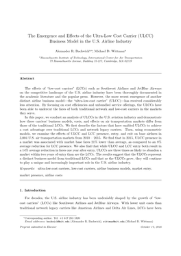 The Emergence and Effects of the Ultra-Low Cost Carrier (ULCC) Business Model in the U.S. Airline Industry