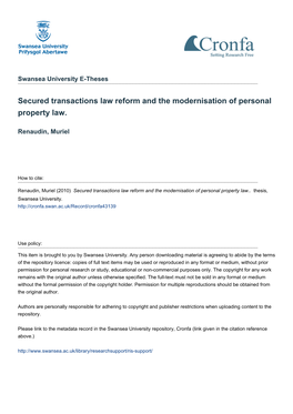 Secured Transactions Law Reform and the Modernisation of Personal Property Law