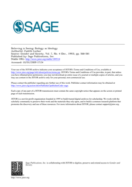 Believing Is Seeing: Biology As Ideology Author(S): Judith Lorber Source: Gender and Society, Vol