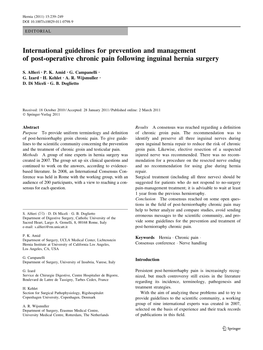 International Guidelines for Prevention and Management of Post-Operative Chronic Pain Following Inguinal Hernia Surgery