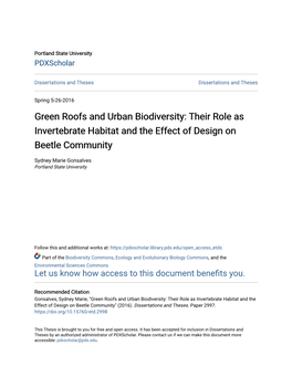 Green Roofs and Urban Biodiversity: Their Role As Invertebrate Habitat and the Effect of Design on Beetle Community
