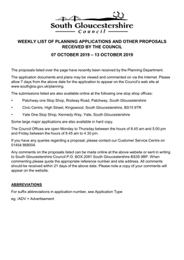 Weekly List of Planning Applications and Other Proposals Received by the Council 07 October 2019 – 13 October 2019