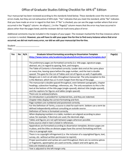 Office of Graduate Studies Editing Checklist for APA 6Th Edition