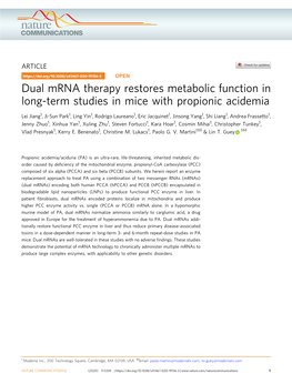 Dual Mrna Therapy Restores Metabolic Function in Long-Term Studies in Mice with Propionic Acidemia