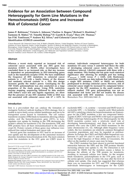 Evidence for an Association Between Compound Heterozygosity for Germ Line Mutations in the Hemochromatosis (HFE) Gene and Increased Risk of Colorectal Cancer