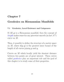 Chapter 7 Geodesics on Riemannian Manifolds