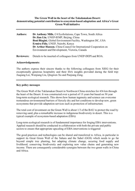 The Green Wall in the Heart of the Takalamakan Desert: Demonstrating Potential Contribution to Ecosystem-Based Adaptation and Africa’S Great Green Wall Initiative