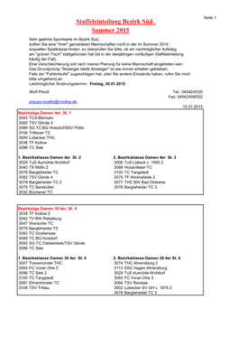 Staffeleinteilung Bezirk Süd Sommer 2015
