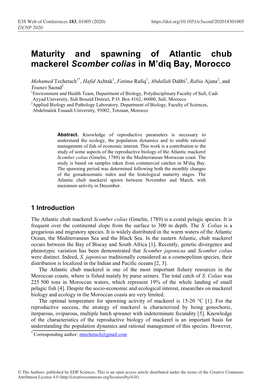 Maturity and Spawning of Atlantic Chub Mackerel Scomber Colias in M'diq Bay, Morocco