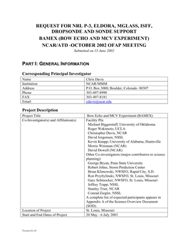 (BOW ECHO and MCV EXPERIMENT) NCAR/ATD -OCTOBER 2002 OFAP MEETING Submitted on 15 June 2002