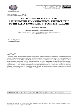 Assessing the Transition from the Neolithic to the Early Bronze Age in Southern Salamis