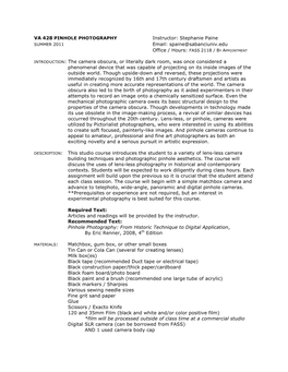 VA428 Pinhole Photography Syllabus