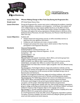 Lesson Plan Title: Women Making Change in New York City During the Progressive Era Grade Level: AP United States History Class