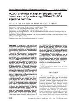 FOXK1 Promotes Malignant Progression of Breast Cancer by Activating PI3K/AKT/Mtor Signaling Pathway