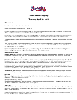 Atlanta Braves Clippings Thursday, April 30, 2015 Braves.Com