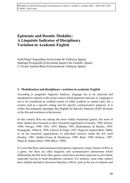 Epistemic and Deontic Modality: a Linguistic Indicator of Disciplinary Variation in Academic English