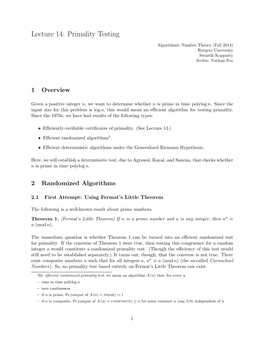 Lecture 14: Primality Testing