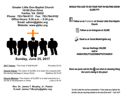 Greater Little Zion Baptist Church 10185 Zion Drive Fairfax, VA 22032 Phone: 703-764-9111 Fax: 703-764-9162 Office Hours: 9:30 A.M