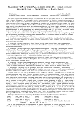 Transits of the Northwest Passage to End of the 2016 Navigation Season Atlantic Ocean ↔ Arctic Ocean ↔ Pacific Ocean