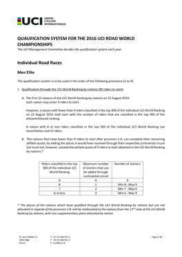 QUALIFICATION SYSTEM for the 2016 UCI ROAD WORLD CHAMPIONSHIPS the UCI Management Committee Decides the Qualification System Each Year