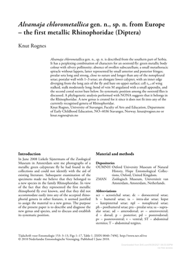 Alvamaja Chlorometallica Gen. N., Sp. N. from Europe – the First Metallic Rhinophoridae (Diptera)