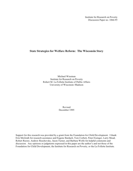 Welfare Reform: the Wisconsin Story