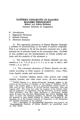 PATTERN CONGRUITY in ILIANEN MANOBO PHONOLOGY Robert and Felicia Brichoux Summer Institute of Linguistics