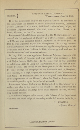 1863. Aide-De-Camp, Major, Died, After a Short Illness, at St. Louis