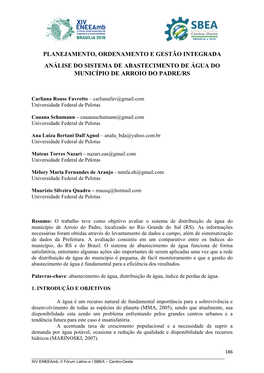 Planejamento, Ordenamento E Gestão Integrada Análise Do Sistema De Abastecimento De Água Do Município De Arroio Do Padre/Rs