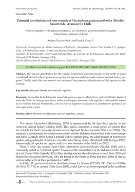 Potential Distribution and New Records of Mastophora Gasteracanthoides (Nicolet) (Arachnida: Araneae) in Chile