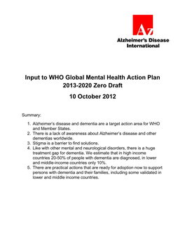 Input to WHO Global Mental Health Action Plan 2013-2020 Zero Draft 10 October 2012
