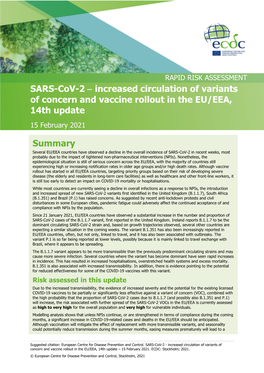 SARS-Cov-2  Increased Circulation of Variants of Concern and Vaccine Rollout in the EU/EEA, 14Th Update 15 February 2021