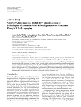 Anterior Glenohumeral Instability: Classification of Pathologies of Anteroinferior Labroligamentous Structures Using MR Arthrography