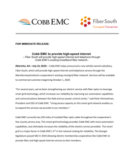 Cobb EMC to Provide High-Speed Internet – Fiber South Will Provide High-Speed Internet and Telephone Through Cobb EMC’S Existing Broadband Fiber Network–
