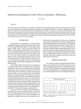 Natural Cross-Pollination in Roselle, Hibiscus Sabdariffa L. (Malvaceae)