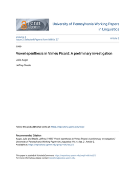 Vowel Epenthesis in Vimeu Picard: a Preliminary Investigation