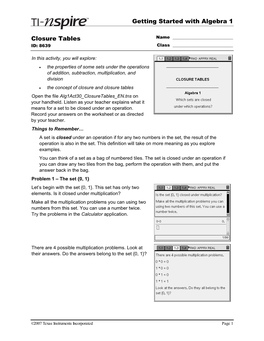 Getting Started with Algebra 1 Closure Tables