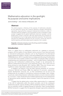 Mathematics Education in the Spotlight: Its Purpose and Some Implications’