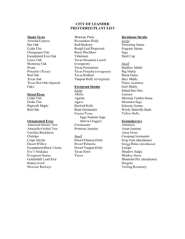 City of Leander Preferred Plant List