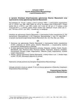 W Sprawie Likwidacji Dotychczasowej Aglomeracji Ożarów Mazowiecki Oraz Wyznaczenia Nowej Aglomeracji Ożarów Mazowiecki