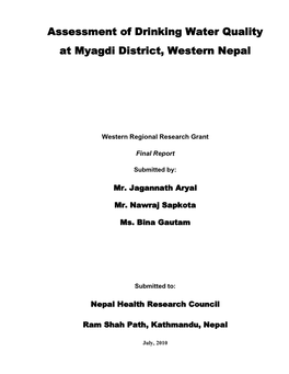 Assessment of Drinking Water Quality at Myagdi District, Western Nepal