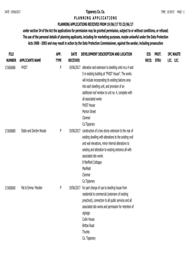 FILE NUMBER Tipperary Co. Co. P L a N N I N G a P P L I C a T I O N S PLANNING APPLICATIONS RECEIVED from 19/06/17 to 23/06/17