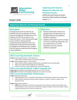 Exploring Earth Science: Mysterious Mounds and Planetary Puzzles 60 Minute Earth Science Lesson Interactive Video Conference Program Teacher’S Guide Grades: 3 - 4