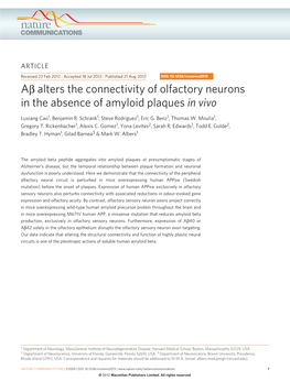 Alters the Connectivity of Olfactory Neurons in the Absence of Amyloid Plaques in Vivo